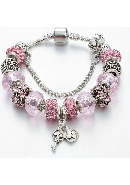 Pandora Tarz , Aşkın Anahtarı Pembe Charmlı Gümüş Bileklik, Ahşap Kutu Içerisinde