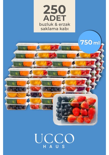 250 Adet 750 ml Ekonomik Buzdolabı Dondurucu Erzak Sızdırmaz Saklama Kabı Seti Buzluk Organizer