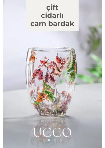 Çift Cidarlı 350 ml Çiçekli Borosilikat Cam Bardak – Isıya Dayanıklı Şık Kahve Su Meşrubat Limonata