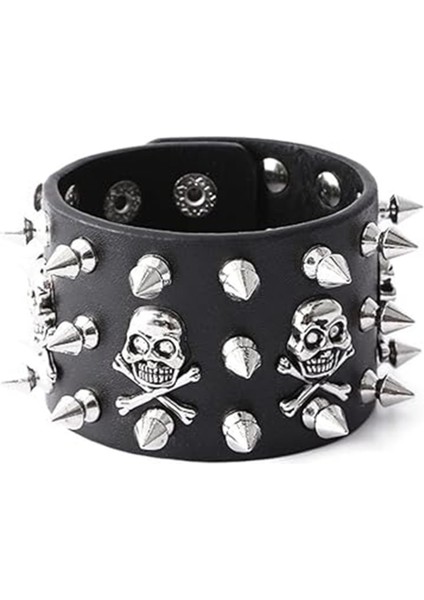 Siyah Gotik 3 Şerit Skull Dikenli Deri Bileklik, Şık ve Özgün Aksesuar. fiyatları