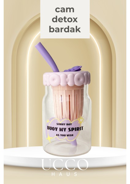 550ML Spirit Desenli Pipetli Cam Detox Matara Bardak - Süt, Su, Meşrubat, Limonata Sunum Bardağı