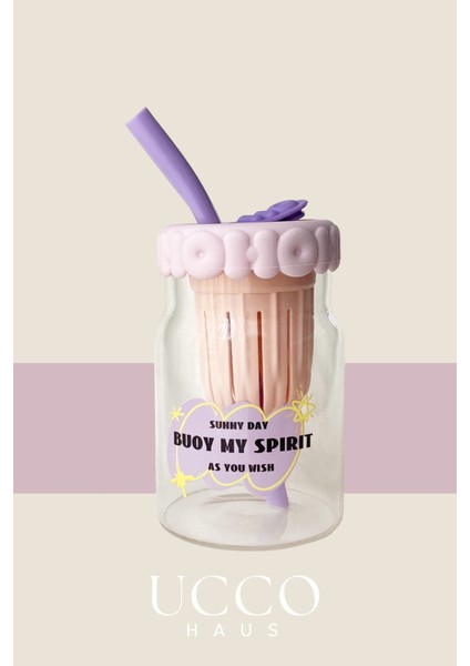 550ML Spirit Desenli Pipetli Cam Detox Matara Bardak - Süt, Su, Meşrubat, Limonata Sunum Bardağı fiyatları