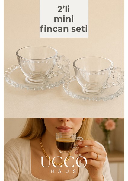 2'li Cam Fincan Seti | 2 Bardak + 2 Tabak Kahve Fincanı Çay Fincanı | Şık Kahve ve Çay Sunum Bardağı
