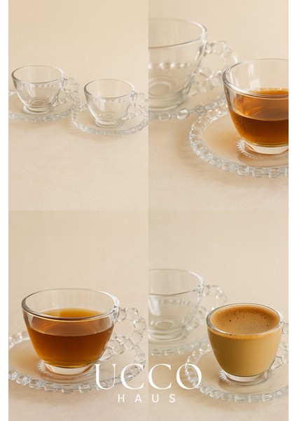 2'li Cam Fincan Seti | 2 Bardak + 2 Tabak Kahve Fincanı Çay Fincanı | Şık Kahve ve Çay Sunum Bardağı