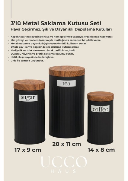 3'lü Siyah Metal Çay Kahve Şeker Saklama Kabı 20-17-14 cm Yuvarlak Kavanoz Erzak Kabı