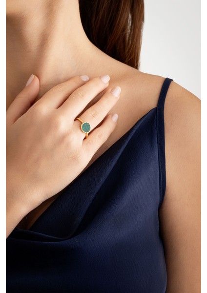 Şık Malahit Gümüş Yüzük, 18 Ayar Sarı Altın Kaplama, Zarif Takı Seçeneği fiyatları