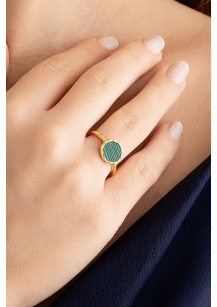 Şık Malahit Gümüş Yüzük, 18 Ayar Sarı Altın Kaplama, Zarif Takı Seçeneği modelleri