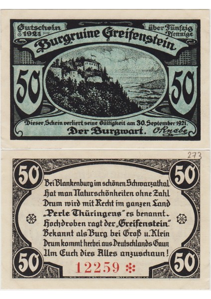 Almanya 50 Pfennig 1921 Notgeld-Bad Blankenburg. Çil(-)