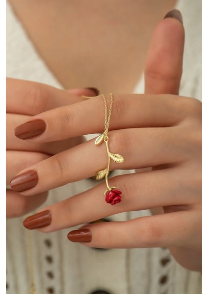 Kırmızı Gül Detaylı Kadın Şık Gümüş Kolye, 925 Ayar, Zarif Takı