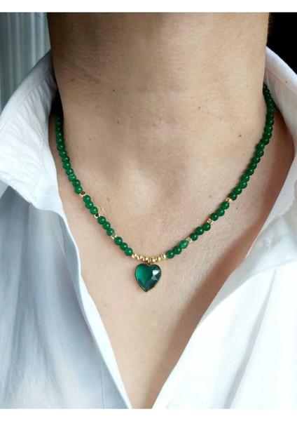 Yeşil Akik Doğal Taş ve Çelik Kalpli Uçlu Şık Kolye fiyatları