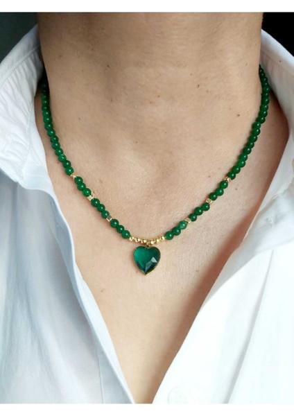 Yeşil Akik Doğal Taş ve Çelik Kalpli Uçlu Şık Kolye modelleri