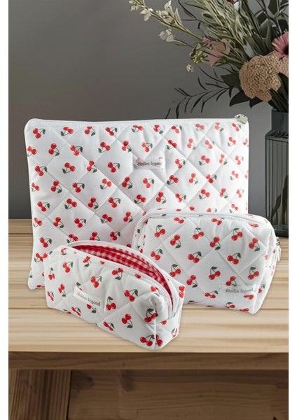 Kiraz Desenli Kalem Makyaj Labtop Bilgisayar Set Çantası