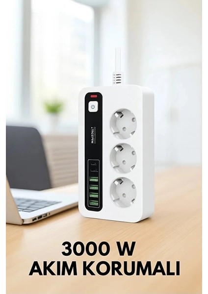 P10 3x Priz 3000W Akım Korumalı 4x USB 2x Type-C Girişli Çoklu Priz fiyatları