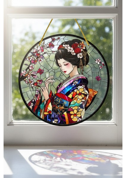 Uzak Doğu Konseptli Çiçekli Kimono Kadın Akrilik Güneş Tutucu - Vitray Görünümlü Pencere Süsü fiyatları