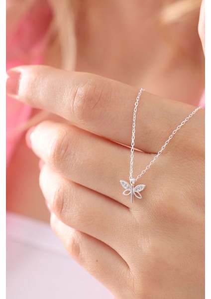 925 Ayar Gümüş Zincirli Beyaz Zirkonlu Zarif Yusufçuk Kolye