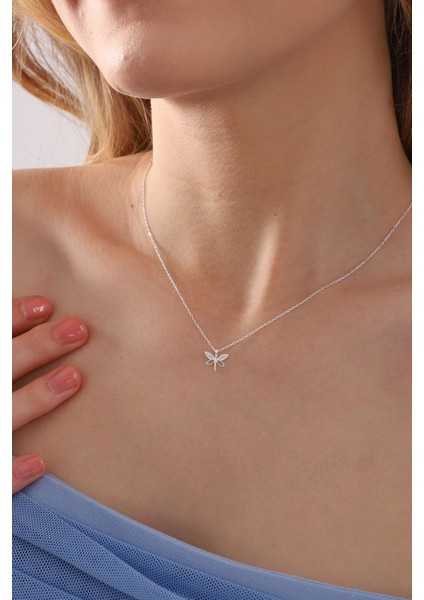 925 Ayar Gümüş Zincirli Beyaz Zirkonlu Zarif Yusufçuk Kolye modelleri