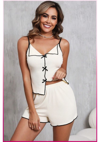 La Vıor Style La Vıor Kadın Ekru Şortlu Pijama Takımı