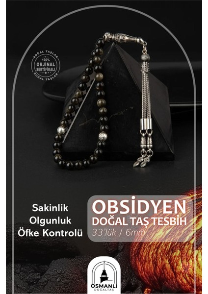 Siyah Obsidyen Doğal Taş Tesbih, 33'lü, 6mm, Şık ve Zarif Tasarım