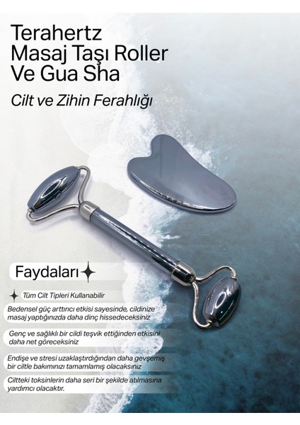 Doğal Taş Masaj Seti, Terahertz Roller ve Gua Sha, Gri Renk
