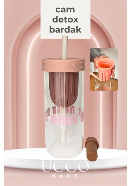 600ML More Drink Pipetli Cam Detox Matara Suluk Bardak - Süt, Su, Meşrubat, Limonata Sunum Bardağı