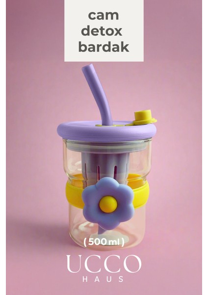 500ML Papatya Desenli Pipetli Cam Detox Termos Matara Bardak - Süt, Su, Meşrubat, Limonata Bardağı