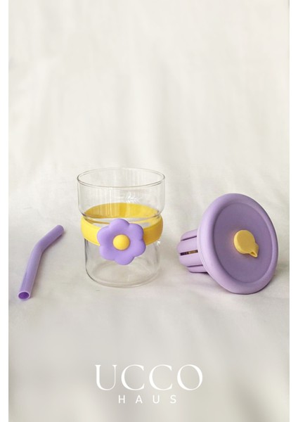 500ML Papatya Desenli Pipetli Cam Detox Termos Matara Bardak - Süt, Su, Meşrubat, Limonata Bardağı