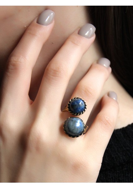 Doğal Taşlı Mavi Ikili Lapis Ayarlanabilir Kadın Yüzük