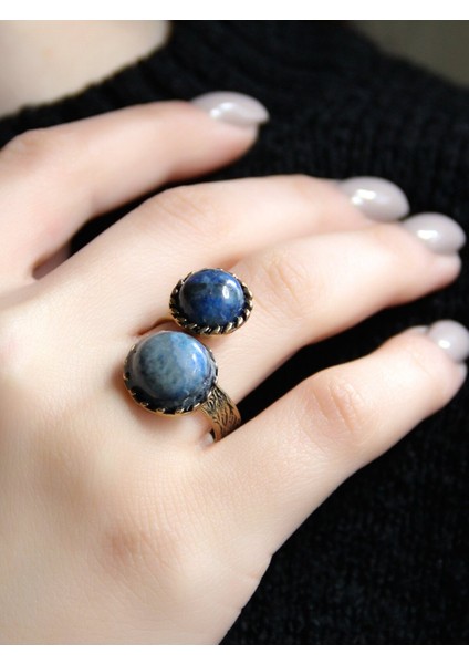 Doğal Taşlı Mavi Ikili Lapis Ayarlanabilir Kadın Yüzük fiyatları