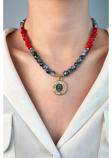 Gri Burç Madalyon Uçlu Mercan Doğal Taşlı Boncuk Kolye