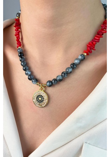 Gri Burç Madalyon Uçlu Mercan Doğal Taşlı Boncuk Kolye fiyatları