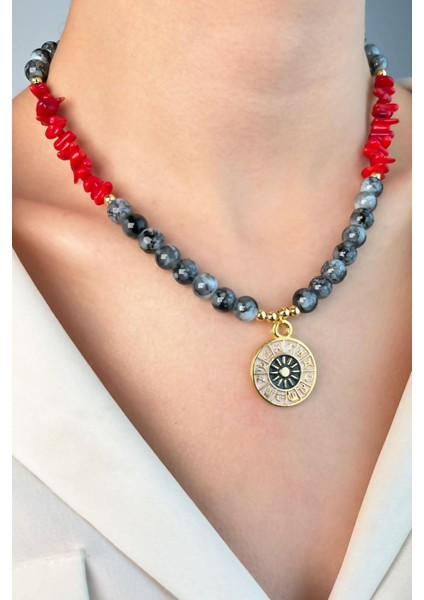 Gri Burç Madalyon Uçlu Mercan Doğal Taşlı Boncuk Kolye modelleri