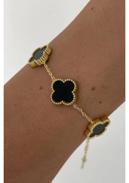 Şık Siyah Doğal Taşlı Premium Çelik Bileklik Takı