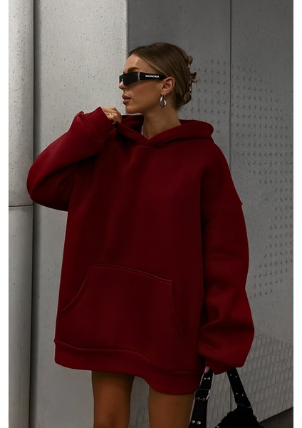 Unısex Bordo Yumuşacık Kumaşlı Oversize Fit Ici Polarlı Kapüşonlu Sweatshirt Hoodie fiyatları