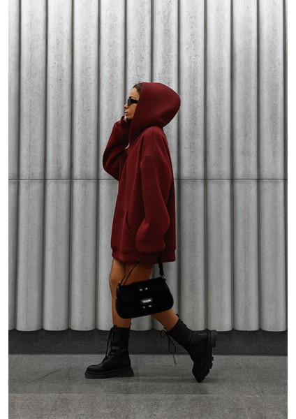 Unısex Bordo Yumuşacık Kumaşlı Oversize Fit Ici Polarlı Kapüşonlu Sweatshirt Hoodie indirimleri