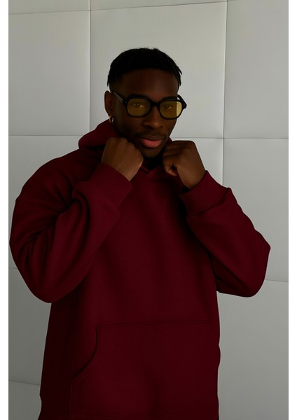 Unısex Bordo Yumuşacık Kumaşlı Oversize Fit Ici Polarlı Kapüşonlu Sweatshirt Hoodie