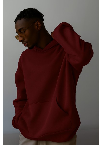 Unısex Bordo Yumuşacık Kumaşlı Oversize Fit Ici Polarlı Kapüşonlu Sweatshirt Hoodie
