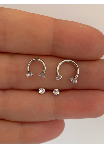 Şık Taşlı Çelik Yarım Halka Çift Piercing Küpe Seti