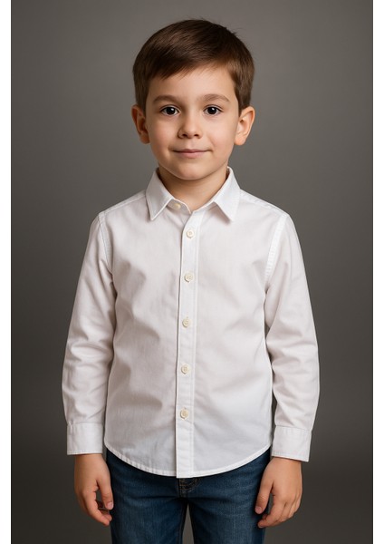 Erkek Çocuk Uzun Kollu Beyaz Gömlek Classic Askı Papyon Takım Hediyeli