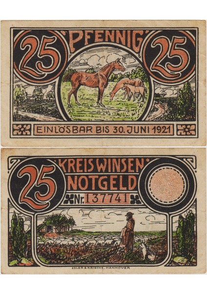 Almanya 25 Pfennig 1921 Notgeld-Winsen Şehri. Ççt