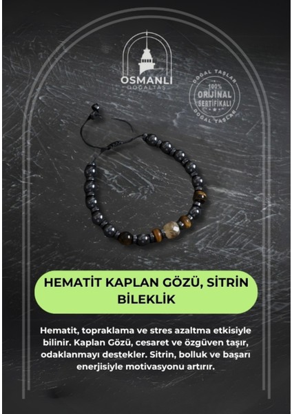 Sertifikalı Hematit, Kaplan Gözü ve Sitrin Bileklik, Şık ve Doğal Taş Takı.