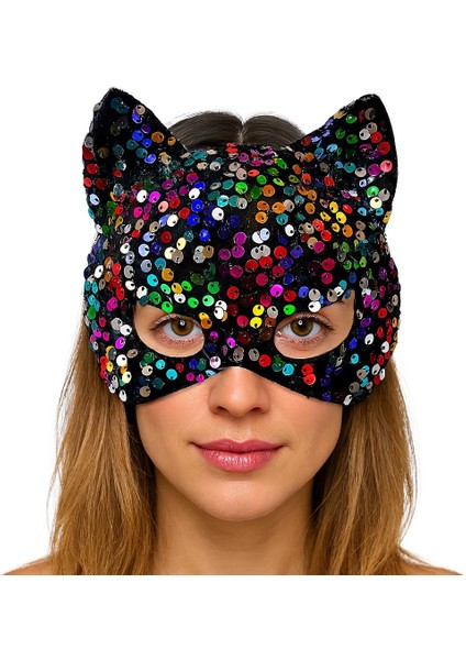 Ds-Derin Siyah Kadife Kumaş Üzerine Rengarenk Payetli Pullu Parti Maskesi 16X14 cm