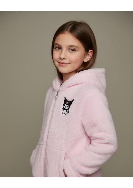 Kuromi Nakışlı Pembe Pelüş Kapüşonlu Kız Çocuk Hırka