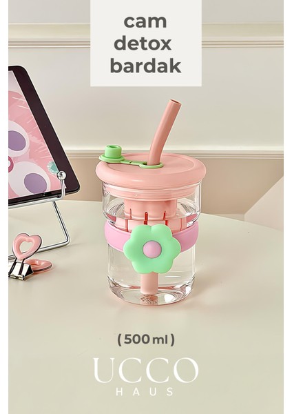 500ML Papatya Desenli Pipetli Cam Detox Termos Matara Bardak - Süt, Su, Meşrubat, Limonata Bardağı