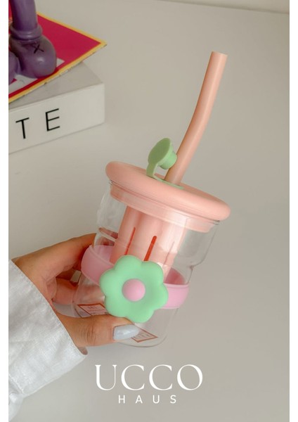 500ML Papatya Desenli Pipetli Cam Detox Termos Matara Bardak - Süt, Su, Meşrubat, Limonata Bardağı fiyatları