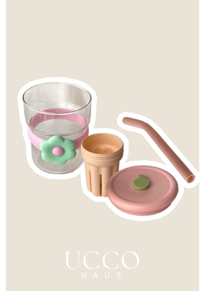 500ML Papatya Desenli Pipetli Cam Detox Termos Matara Bardak - Süt, Su, Meşrubat, Limonata Bardağı