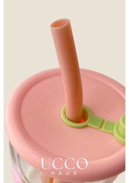 500ML Papatya Desenli Pipetli Cam Detox Termos Matara Bardak - Süt, Su, Meşrubat, Limonata Bardağı