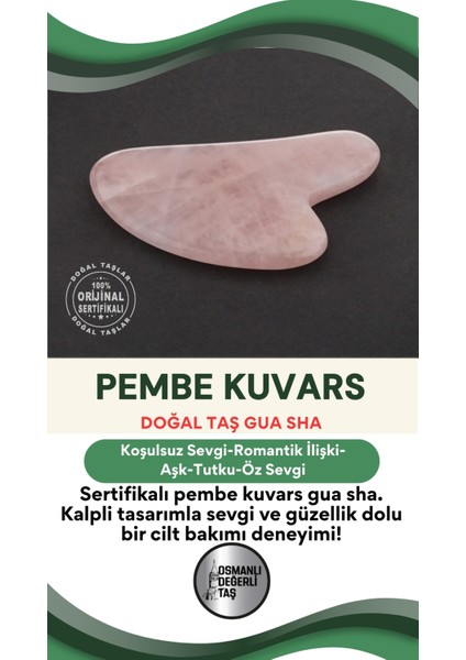 Doğal Pembe Kuvars Kalpli Masaj Taşı, Gua Sha, 1. Sınıf Sertifikalı