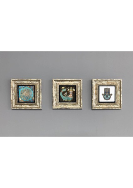 Renkli 3'lü Taş Duvar Dekoru Tablo Seti 20X20 Cm, Şahmeran ve Çiçek Desenli fiyatları