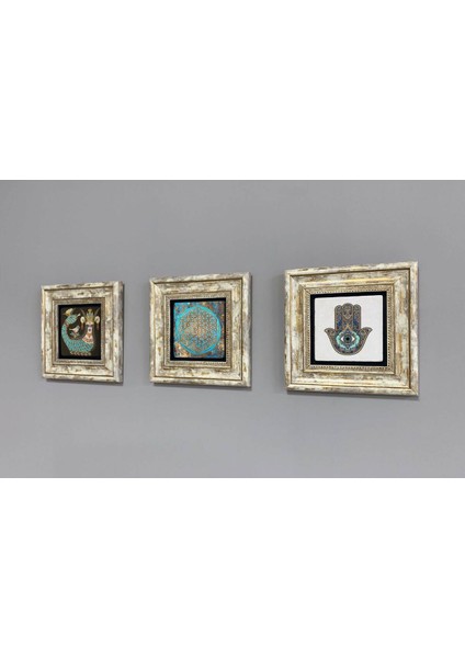 Renkli 3'lü Taş Duvar Dekoru Tablo Seti 20X20 Cm, Şahmeran ve Çiçek Desenli modelleri