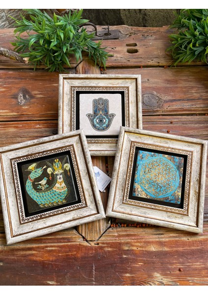 Renkli 3'lü Taş Duvar Dekoru Tablo Seti 20X20 Cm, Şahmeran ve Çiçek Desenli fırsatları